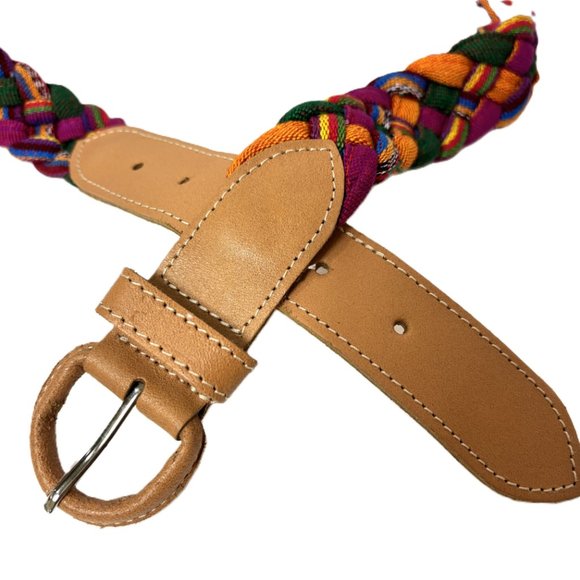Guatemala Mexican Fabric Leather Colorful Belt Large 42-46" - Picture 4 of 8